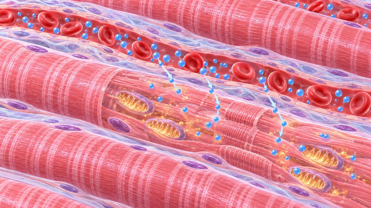 Durante a caminhada, os músculos aumentam a captação de glicose do sangue para produzir energia.