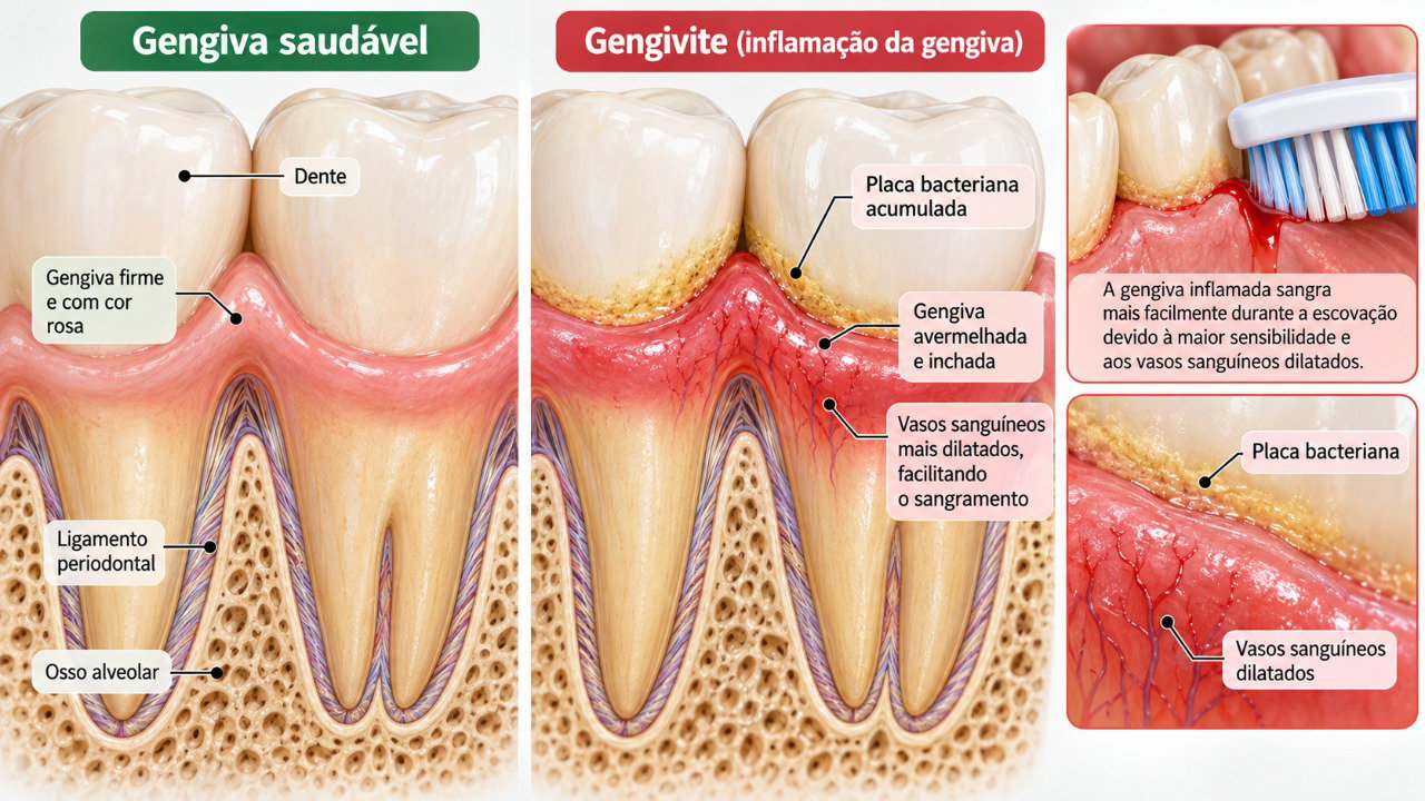 O acúmulo de placa bacteriana próximo à gengiva pode provocar inflamação, vermelhidão e sangramento durante a higiene bucal.