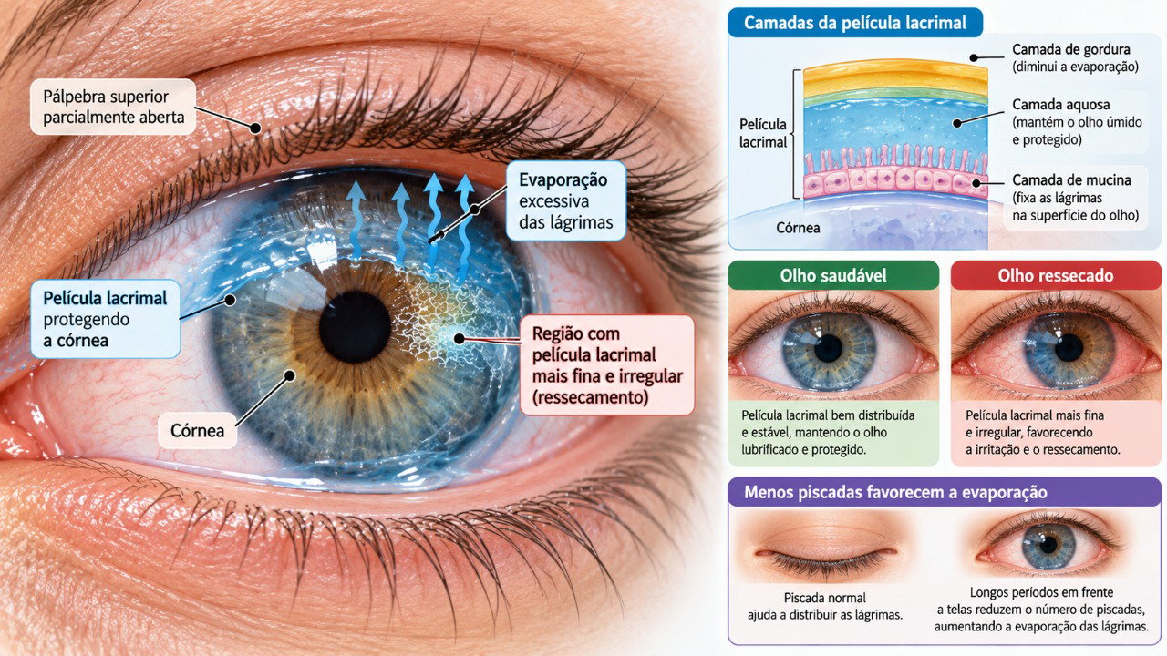Piscar menos e permanecer em ambientes secos favorece a evaporação das lágrimas, deixando a superfície ocular mais sensível.