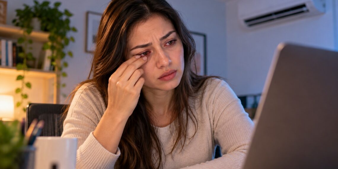 O uso prolongado de telas e o ar-condicionado podem favorecer o ressecamento ocular e provocar ardência no fim do dia.