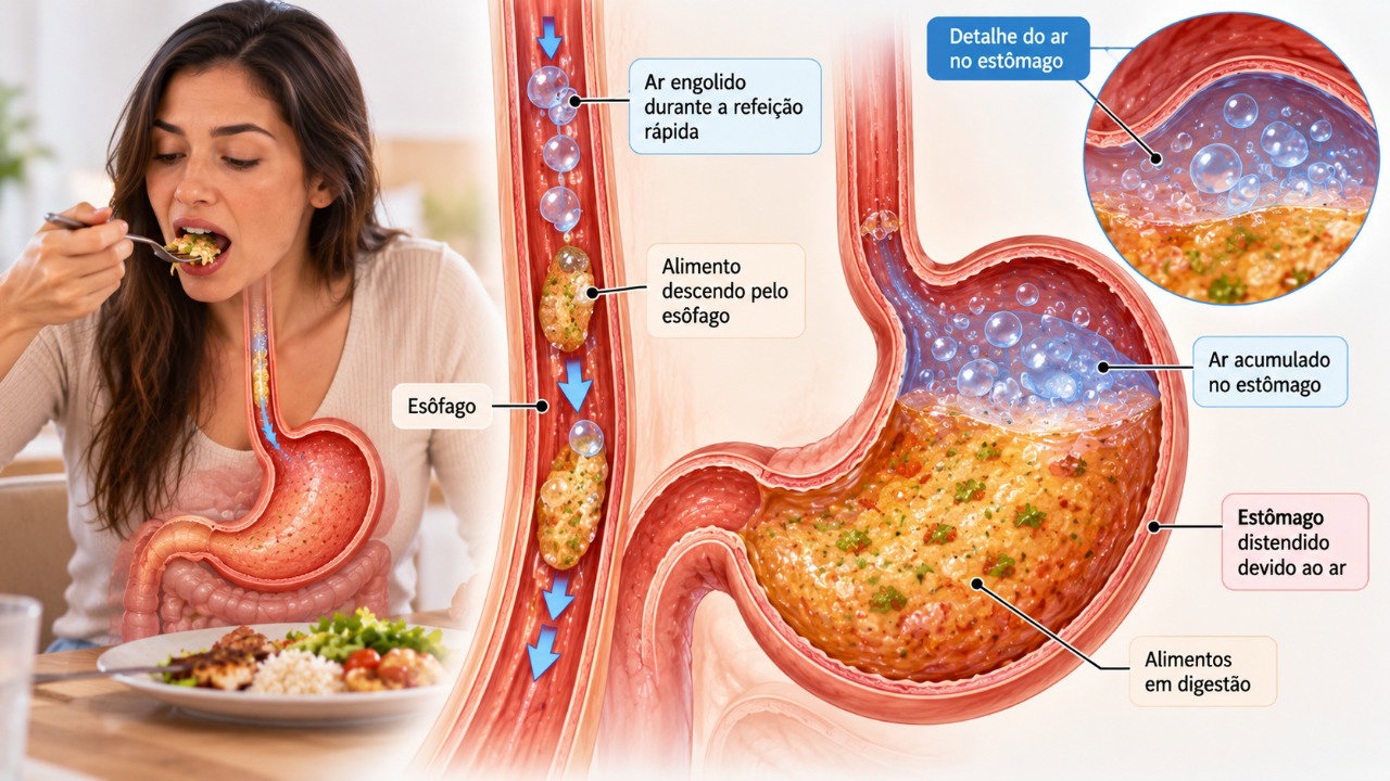 Comer depressa pode aumentar a quantidade de ar engolido, favorecendo arrotos e sensação de estômago estufado.