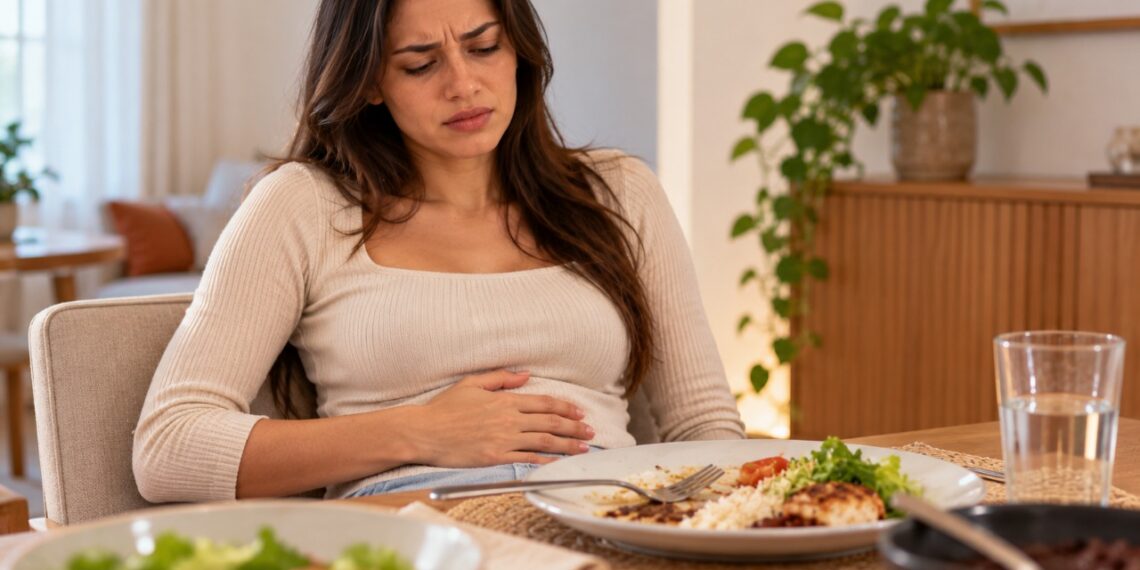 Comer rápido ou em grandes quantidades pode favorecer a barriga estufada e a sensação de peso após o almoço.