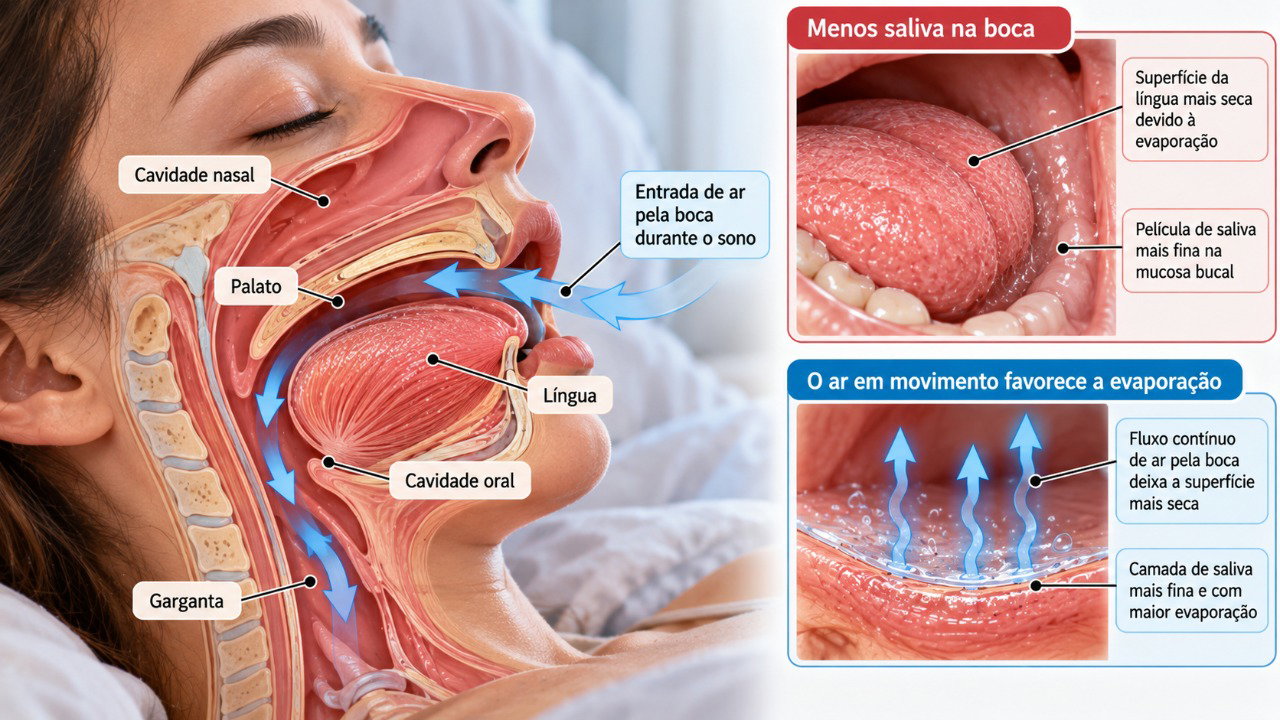 A respiração pela boca durante o sono aumenta a evaporação da saliva e pode causar ressecamento da língua e da mucosa bucal.