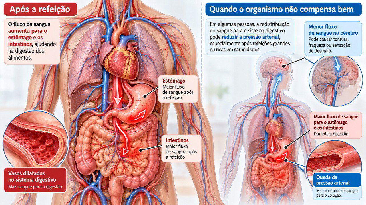 Durante a digestão, o fluxo sanguíneo para o sistema digestivo aumenta e pode provocar queda da pressão quando o organismo não consegue compensar essa mudança.