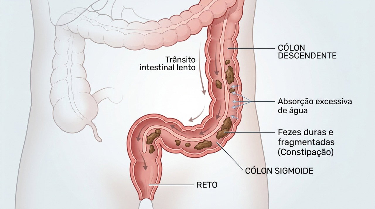 Quando as fezes permanecem muito tempo no intestino grosso, ocorre maior absorção de água, deixando-as endurecidas e difíceis de eliminar.