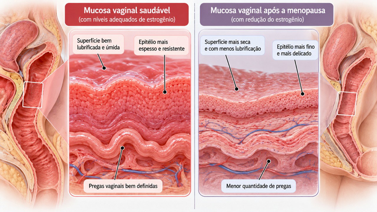A redução do estrogênio após a menopausa pode deixar a mucosa vaginal mais fina, menos elástica e com menor lubrificação natural.