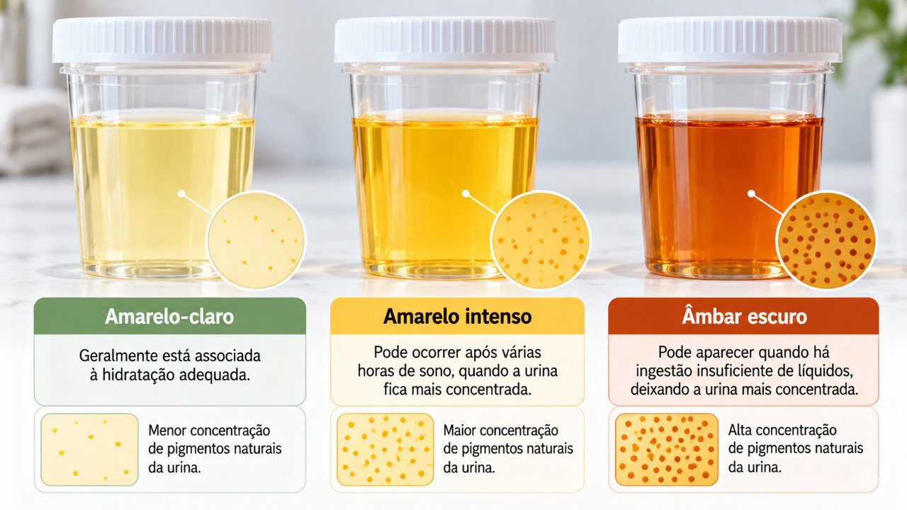 A urina pode variar do amarelo-claro ao âmbar conforme sua concentração, mas a cor isolada não confirma desidratação.