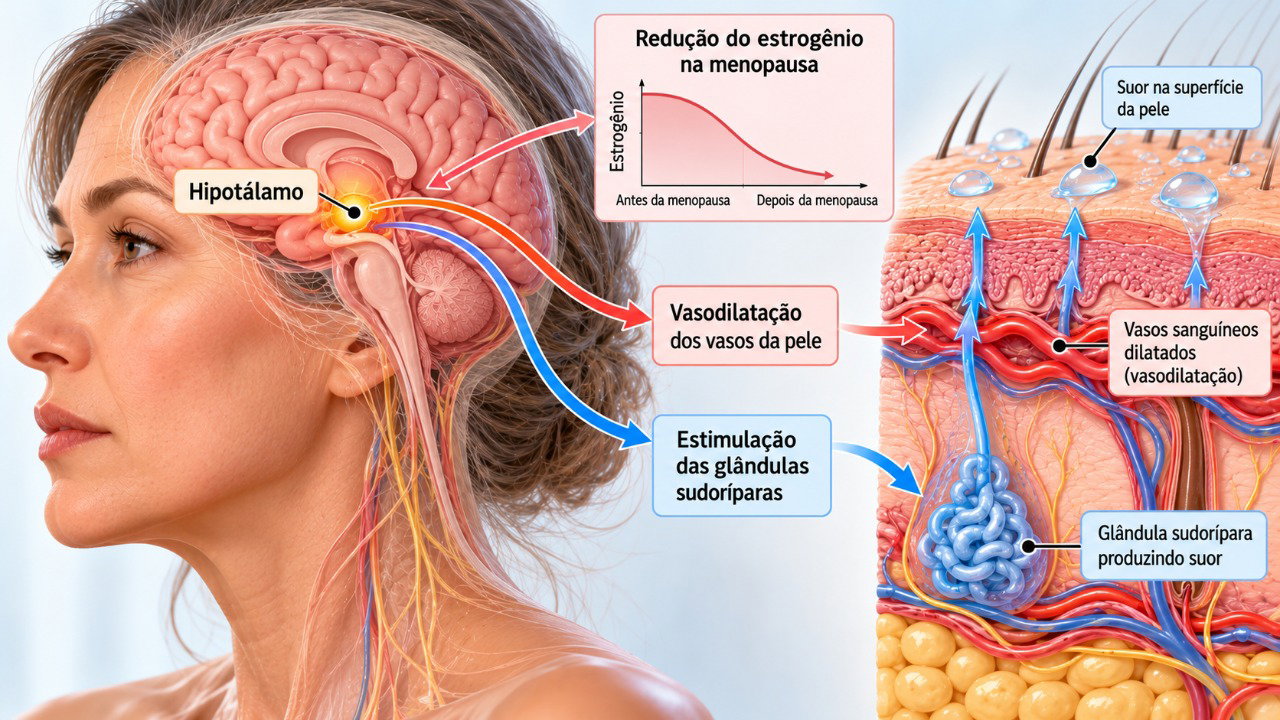 As alterações hormonais da menopausa afetam a regulação da temperatura pelo hipotálamo e podem desencadear calor e transpiração repentinos.