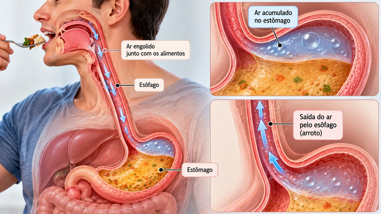 O ar engolido durante a alimentação pode se acumular no estômago e retornar pelo esôfago, provocando arrotos.