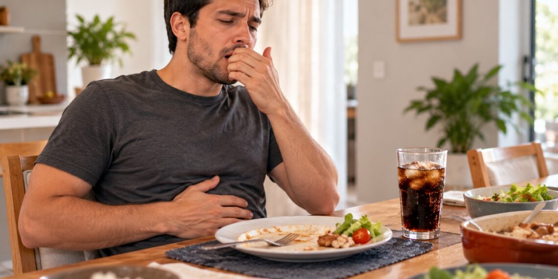 Comer rapidamente e consumir bebidas gaseificadas pode aumentar os arrotos e a sensação de estômago cheio após as refeições.