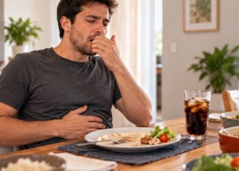 Comer rapidamente e consumir bebidas gaseificadas pode aumentar os arrotos e a sensação de estômago cheio após as refeições.
