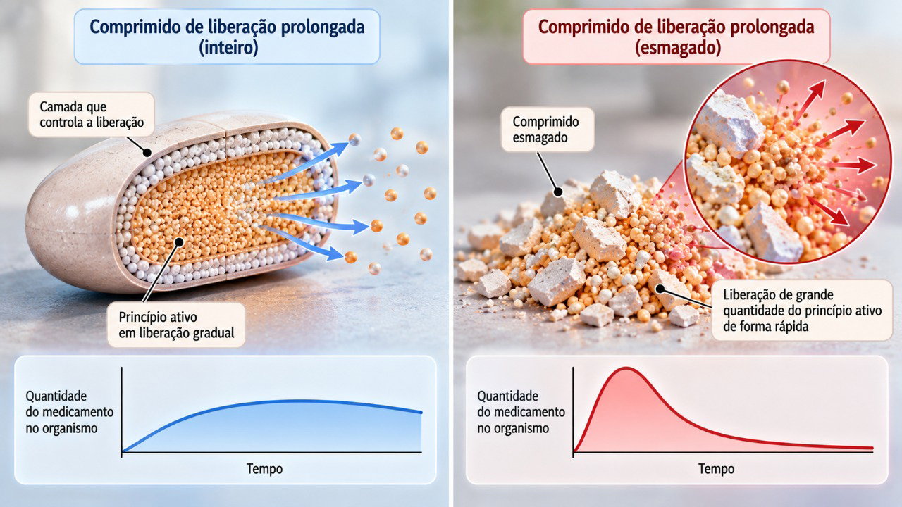 Esmagar comprimidos de liberação prolongada pode alterar a velocidade de liberação do medicamento e aumentar o risco de efeitos adversos.