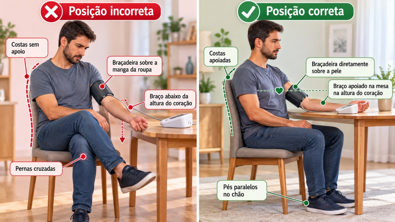 A posição do braço, o apoio das costas e o uso correto da braçadeira ajudam a evitar diferenças nas medições da pressão arterial.