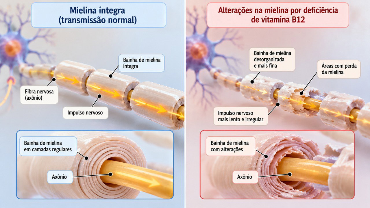 A vitamina B12 é importante para a manutenção da mielina, estrutura que protege os nervos e favorece a transmissão dos impulsos nervosos.