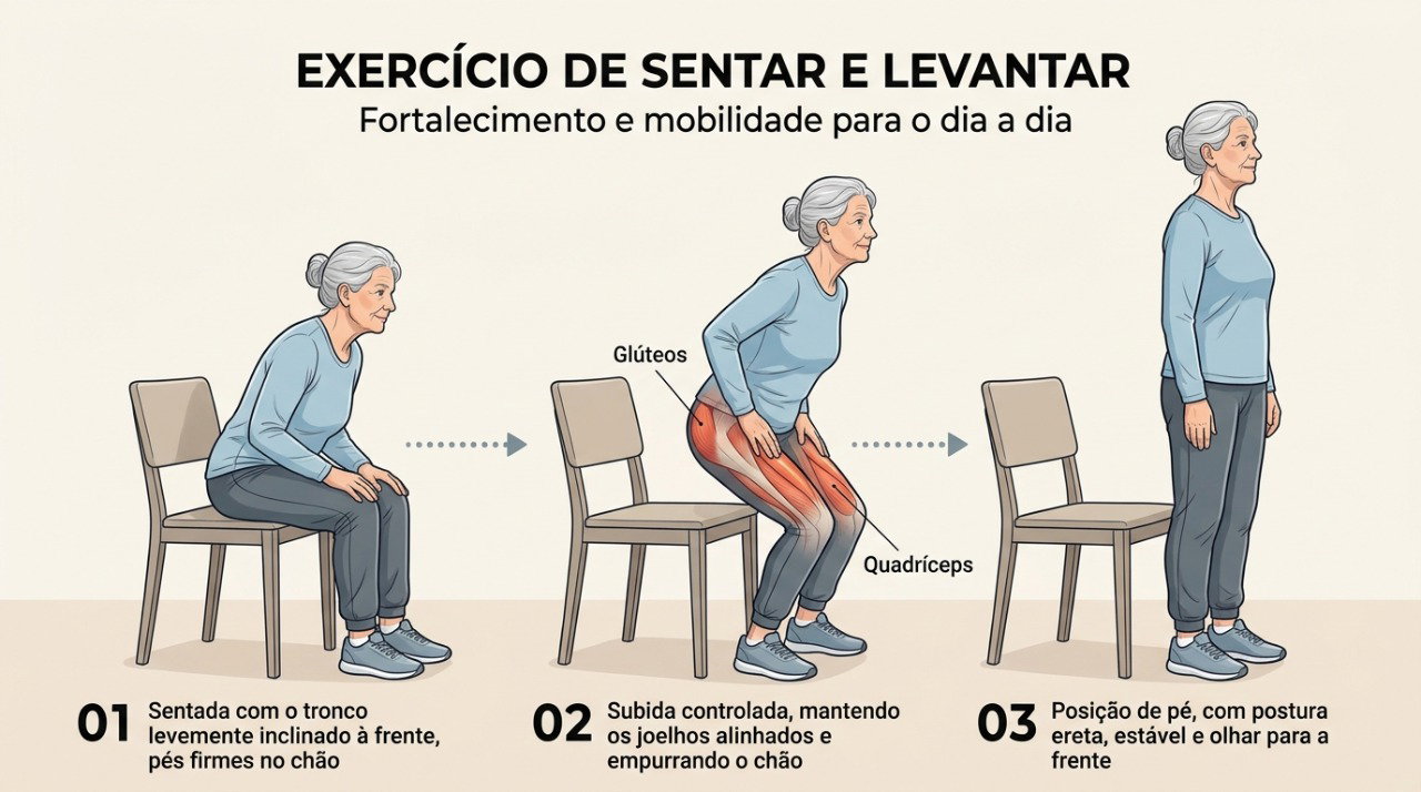 O exercício de sentar e levantar da cadeira fortalece os músculos das pernas e ajuda a melhorar a estabilidade nas atividades diárias.
