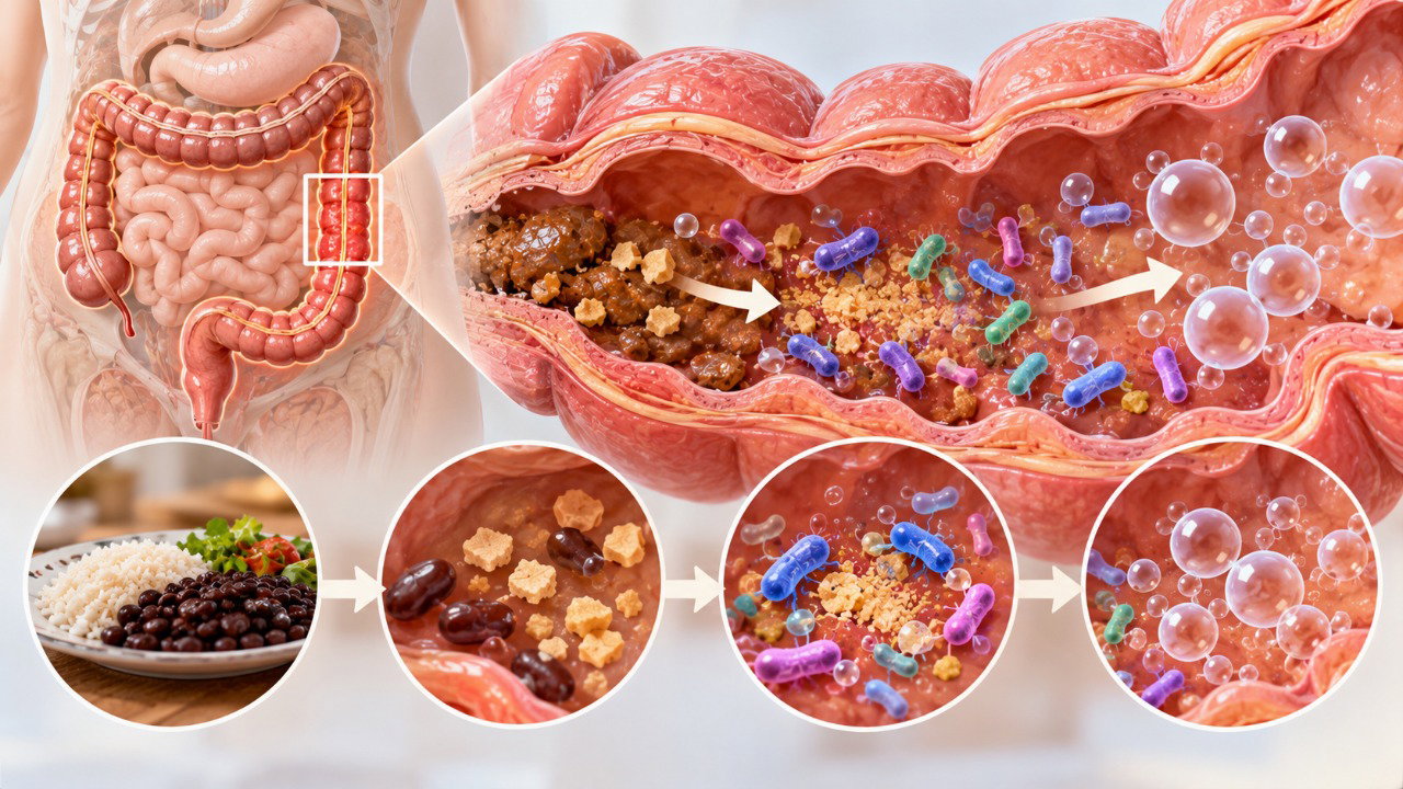 As bactérias do intestino grosso fermentam carboidratos do feijão, produzindo gases que podem causar estufamento abdominal.