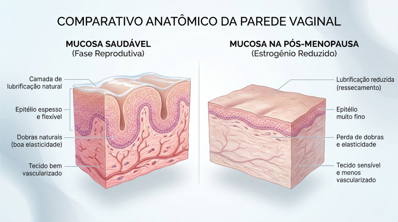 A queda do estrogênio após a menopausa pode tornar a mucosa vaginal mais fina e menos lubrificada, aumentando o desconforto durante a penetração.