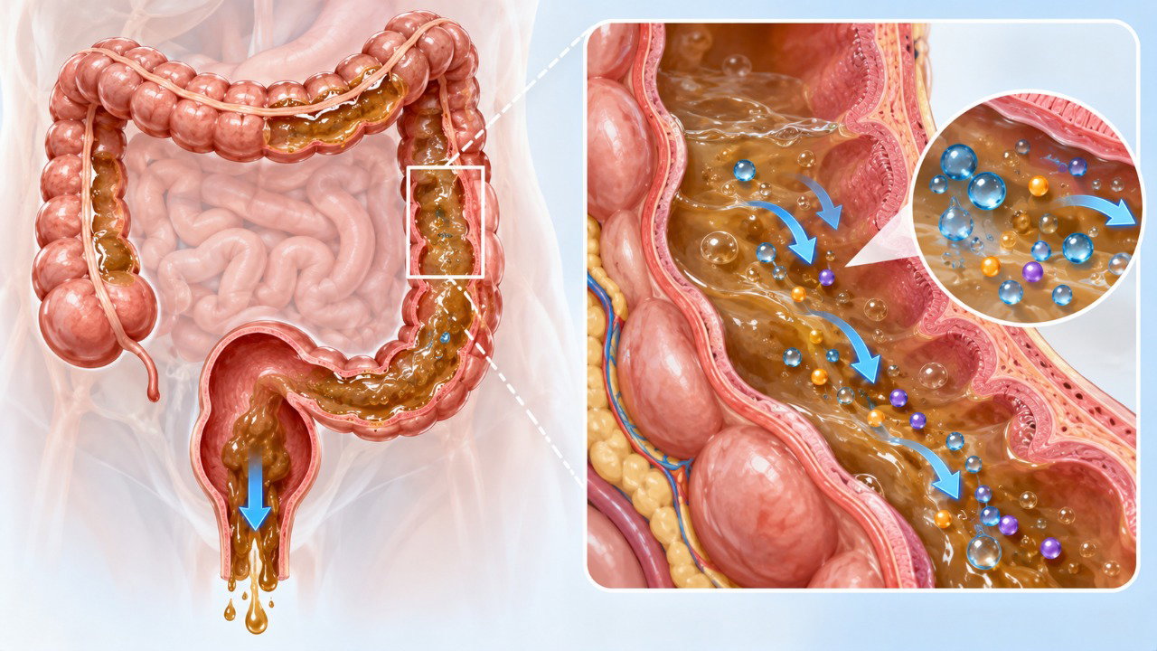 Durante a diarreia, o intestino elimina mais água e eletrólitos, aumentando o risco de desidratação em pessoas idosas.