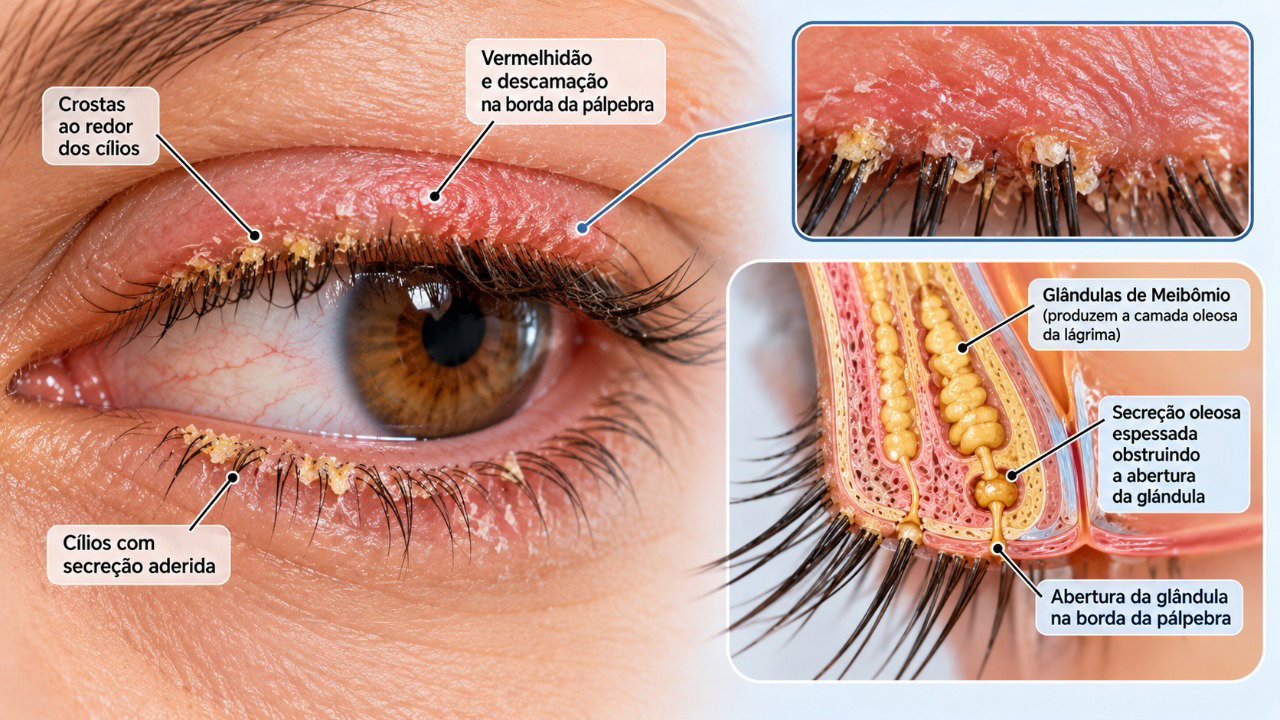 A blefarite pode provocar inflamação nas bordas das pálpebras, acúmulo de crostas nos cílios e alterações nas glândulas produtoras de óleo.