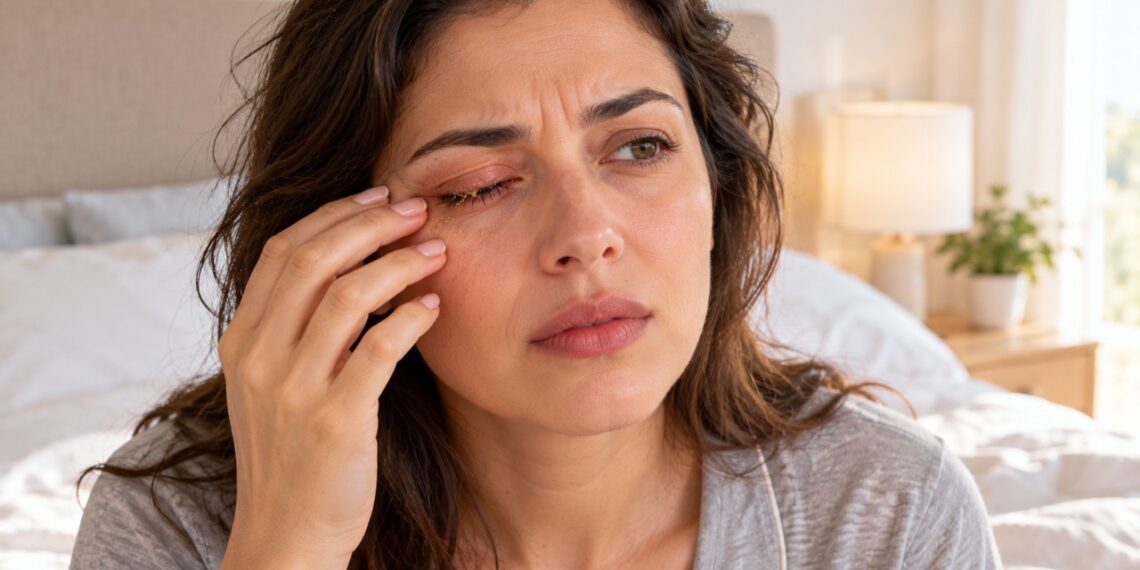 Cílios grudados, crostas e irritação ao acordar podem ser sinais de blefarite, uma inflamação das bordas das pálpebras.