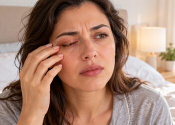 Cílios grudados, crostas e irritação ao acordar podem ser sinais de blefarite, uma inflamação das bordas das pálpebras.