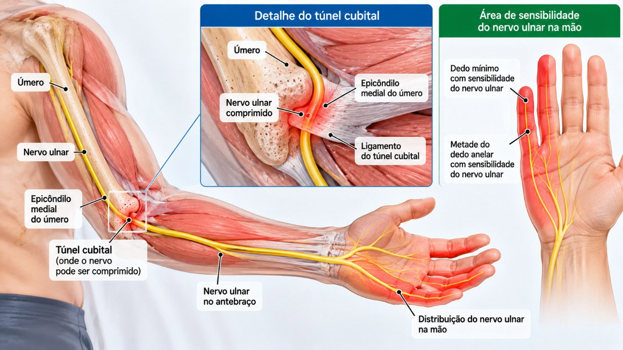 A compressão do nervo ulnar na região do cotovelo pode provocar dormência, choques e formigamento no dedo mínimo e em parte do anelar.