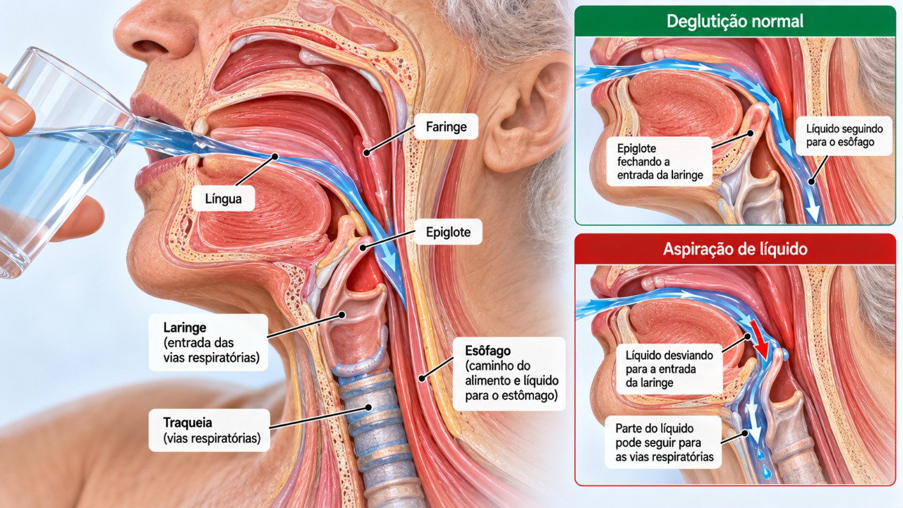 Na disfagia, alterações na coordenação da deglutição podem permitir a entrada de líquidos nas vias respiratórias, provocando tosse e engasgos.