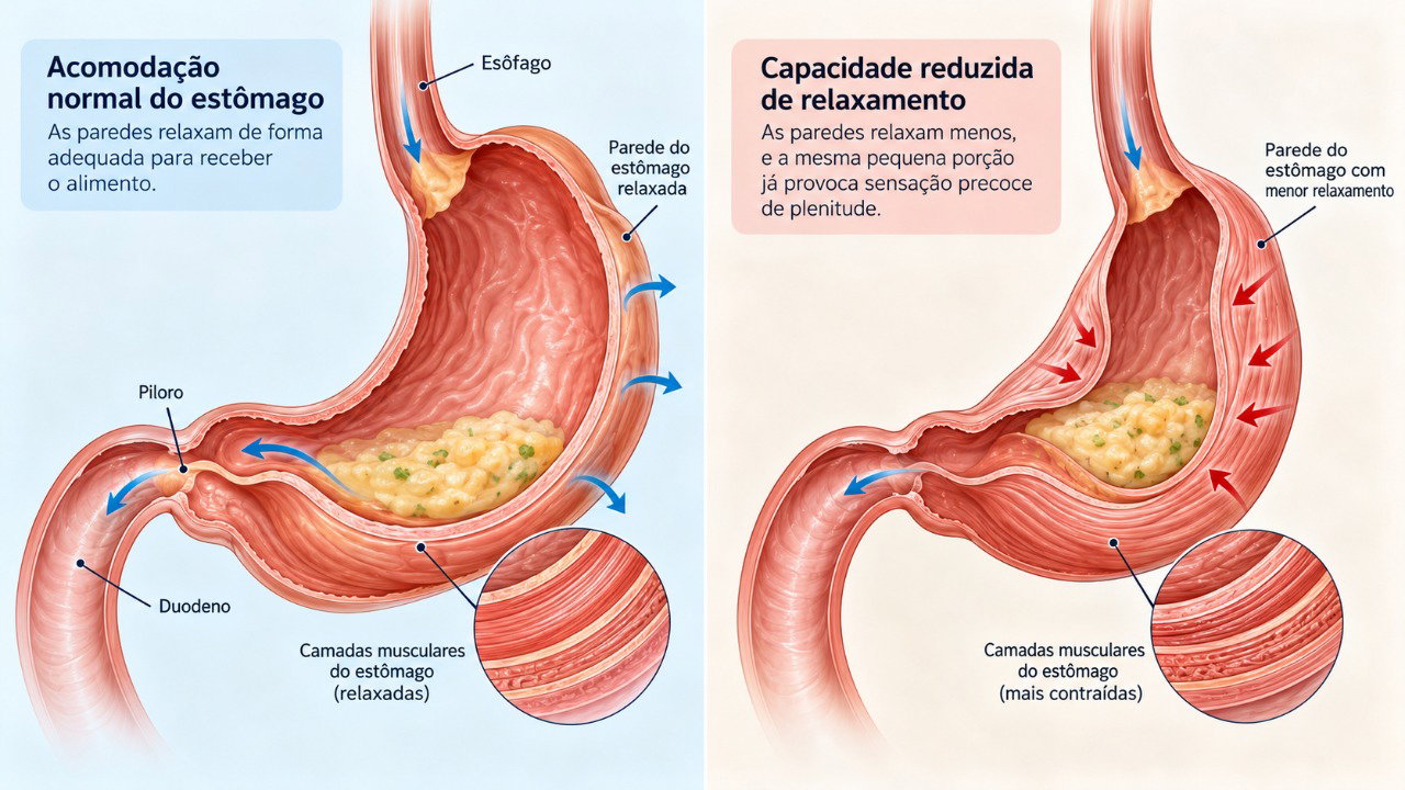 Alterações na acomodação do estômago ou no esvaziamento gástrico podem provocar saciedade precoce mesmo após pequenas refeições.