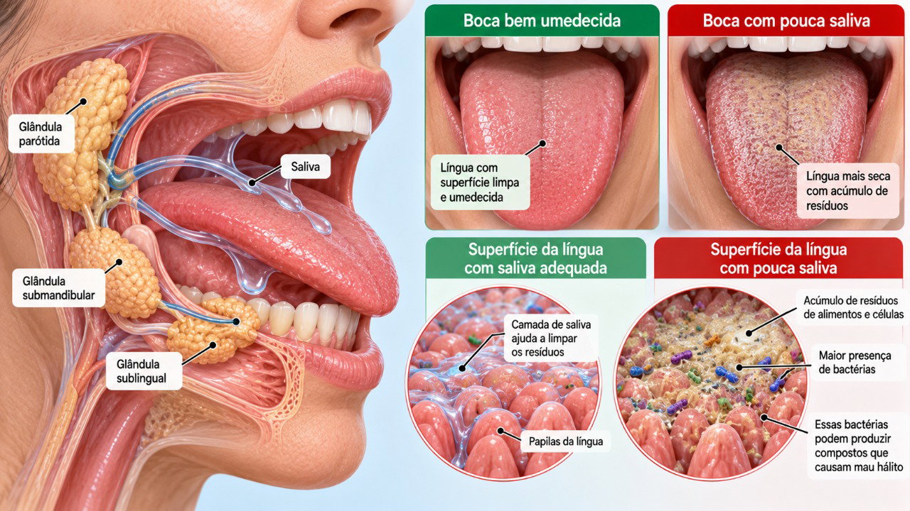 A redução da saliva favorece o acúmulo de resíduos e bactérias na língua, contribuindo para o desenvolvimento do mau hálito.