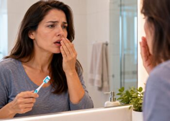 O mau hálito persistente, mesmo após a escovação, pode estar relacionado à redução da saliva e ao ressecamento da boca.