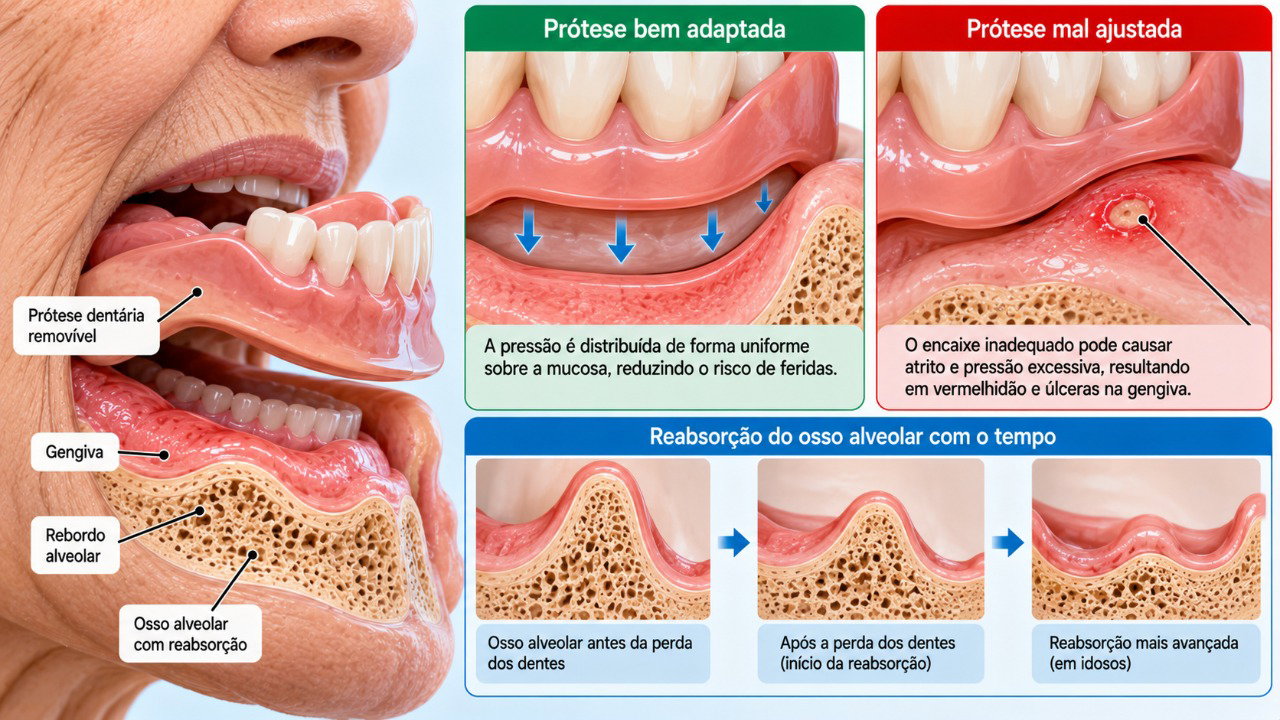 O desgaste do osso e as mudanças no formato da gengiva podem prejudicar o encaixe da dentadura e favorecer feridas por pressão e atrito.
