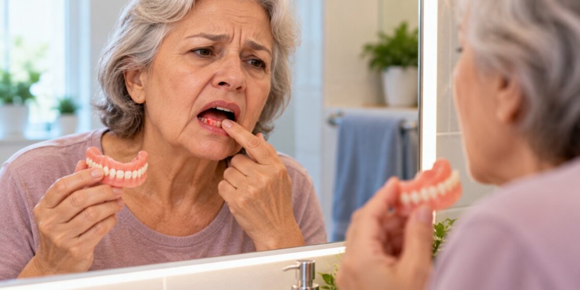 Uma dentadura mal ajustada pode pressionar a gengiva, provocar feridas e dificultar a mastigação e a cicatrização.