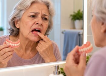 Uma dentadura mal ajustada pode pressionar a gengiva, provocar feridas e dificultar a mastigação e a cicatrização.