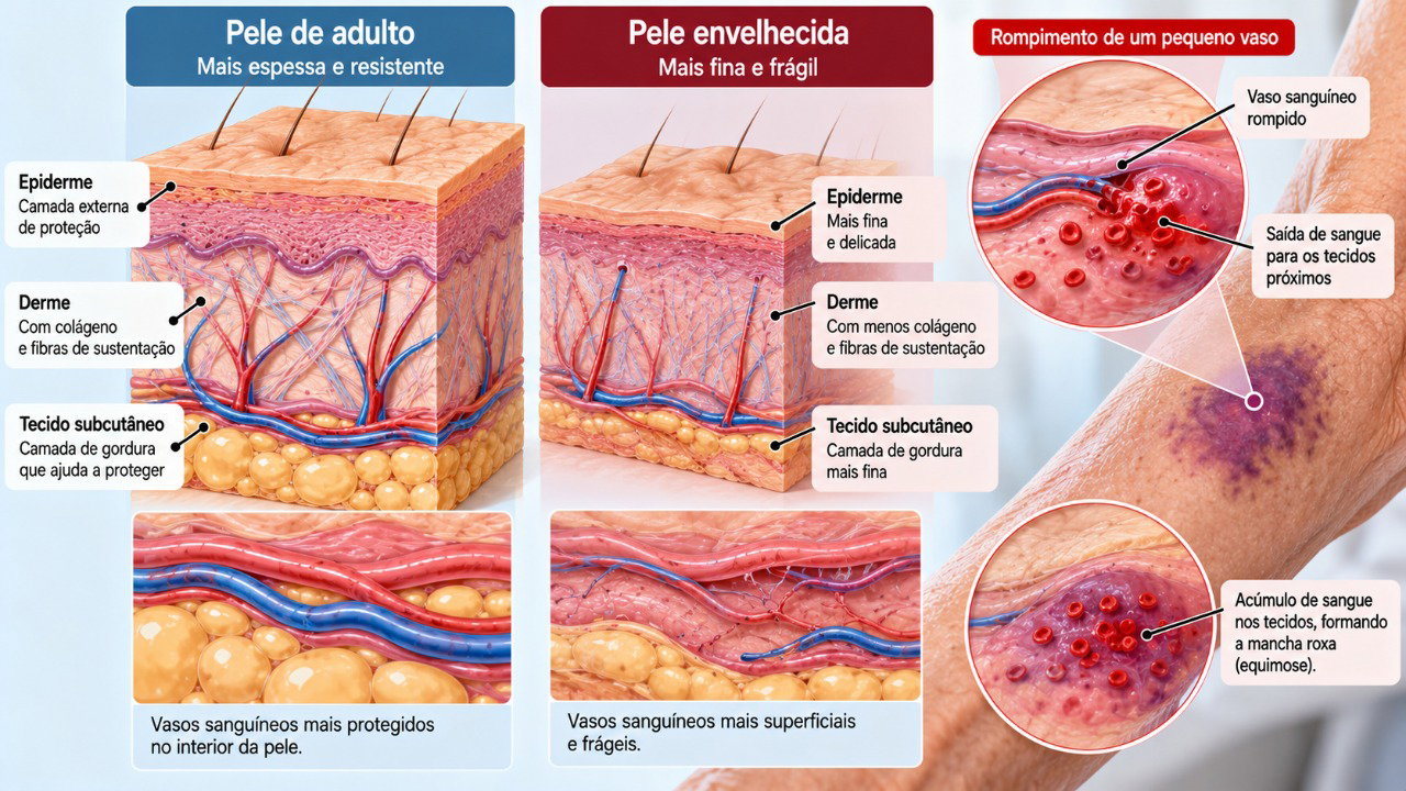 Com o envelhecimento, a redução do colágeno e da proteção dos vasos sanguíneos facilita pequenos sangramentos sob a pele e o surgimento de manchas roxas.