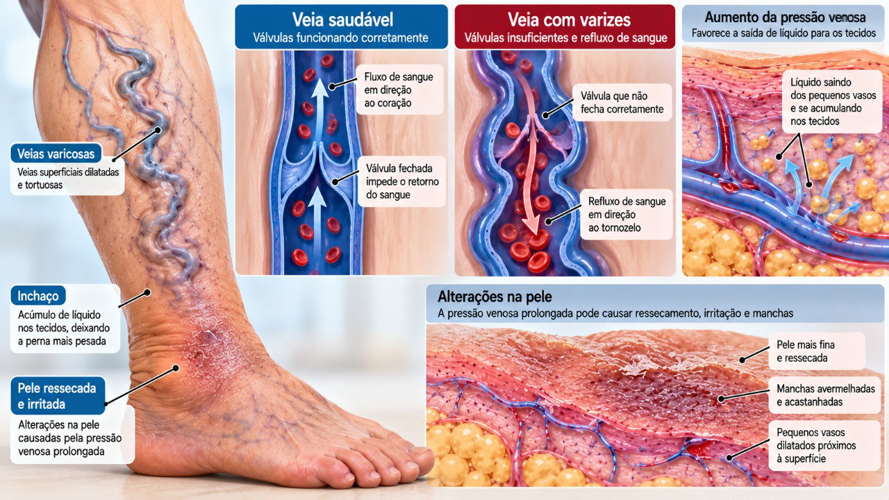 O refluxo sanguíneo nas veias das pernas aumenta a pressão venosa e pode favorecer inchaço, coceira e alterações na pele.