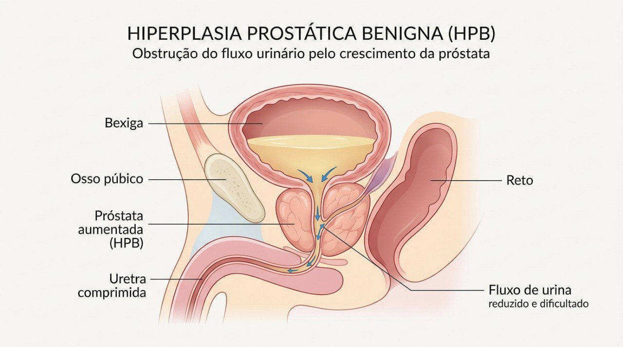 O aumento benigno da próstata pode comprimir a uretra e dificultar a passagem da urina, provocando jato fraco e demora para iniciar a micção.