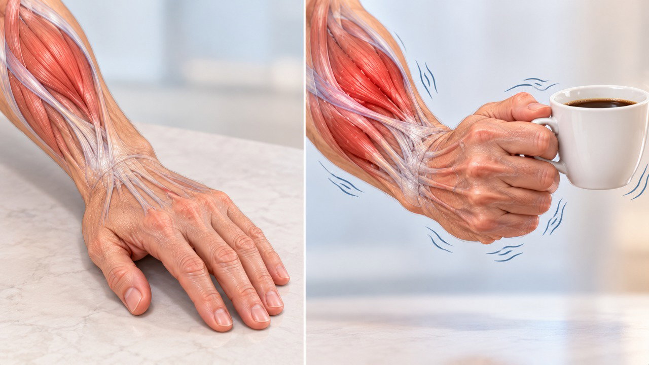 O tremor de ação aparece durante movimentos ou ao manter uma posição, como segurar uma xícara, e pode diminuir quando os músculos relaxam.