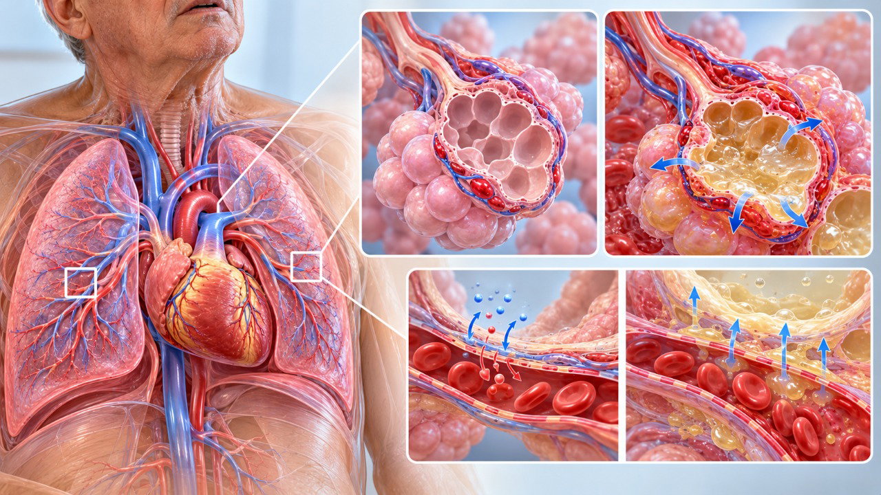 A congestão pulmonar associada à insuficiência cardíaca pode dificultar a respiração ao deitar, provocando melhora temporária ao elevar o tronco.