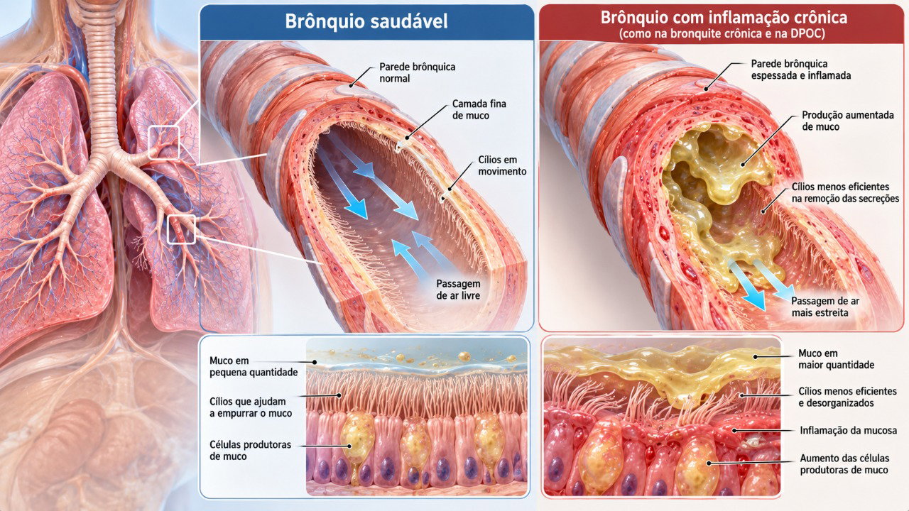 A inflamação persistente dos brônquios pode aumentar a produção de muco e dificultar sua eliminação, favorecendo a tosse com catarro.