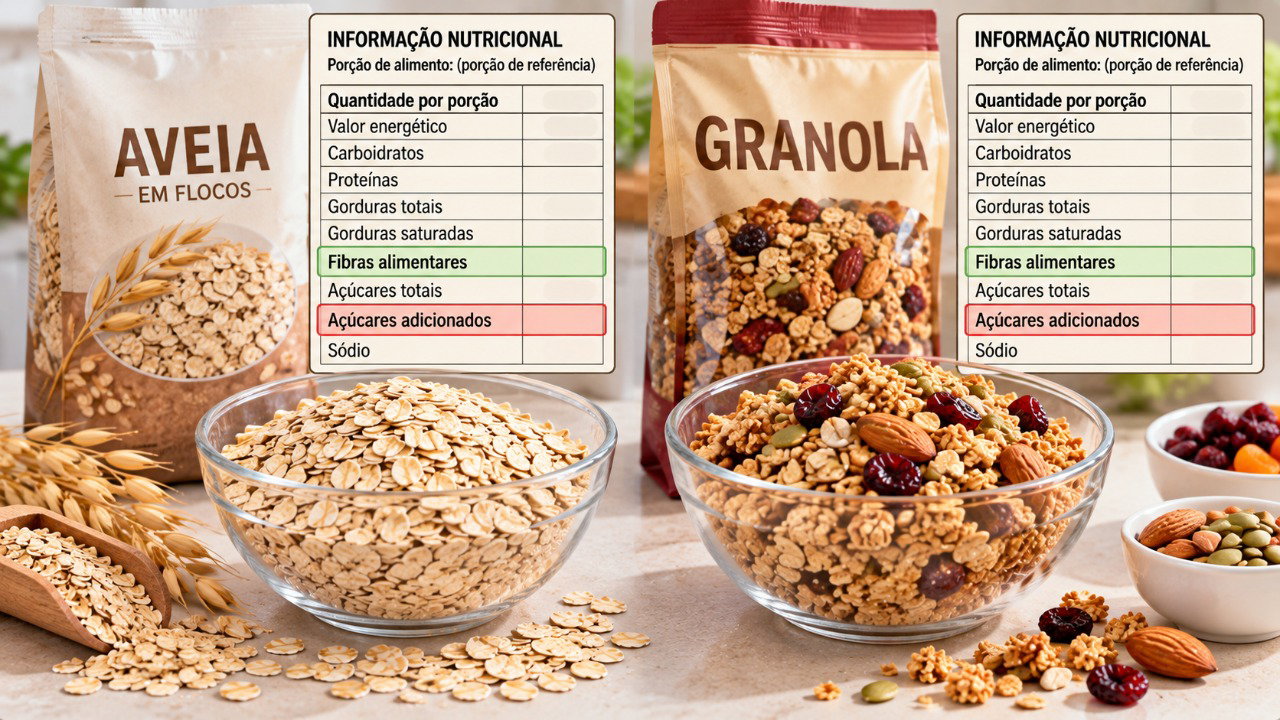Comparar os teores de fibras e açúcares adicionados no rótulo ajuda a identificar diferenças nutricionais entre aveia e granola.