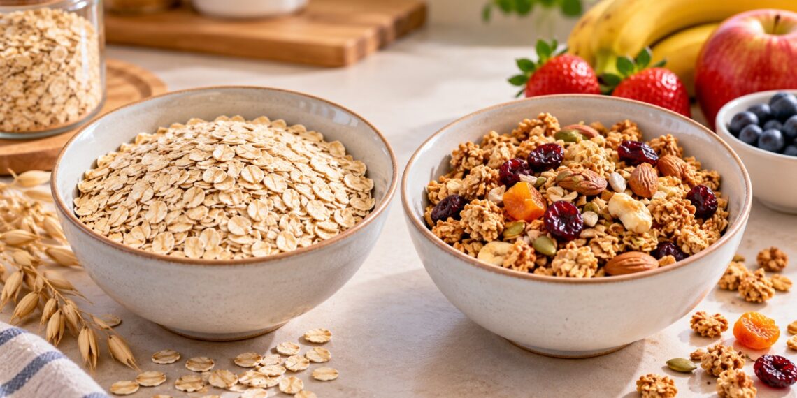 Aveia e granola podem fazer parte de uma alimentação equilibrada, mas apresentam diferenças na quantidade de fibras e açúcares adicionados.
