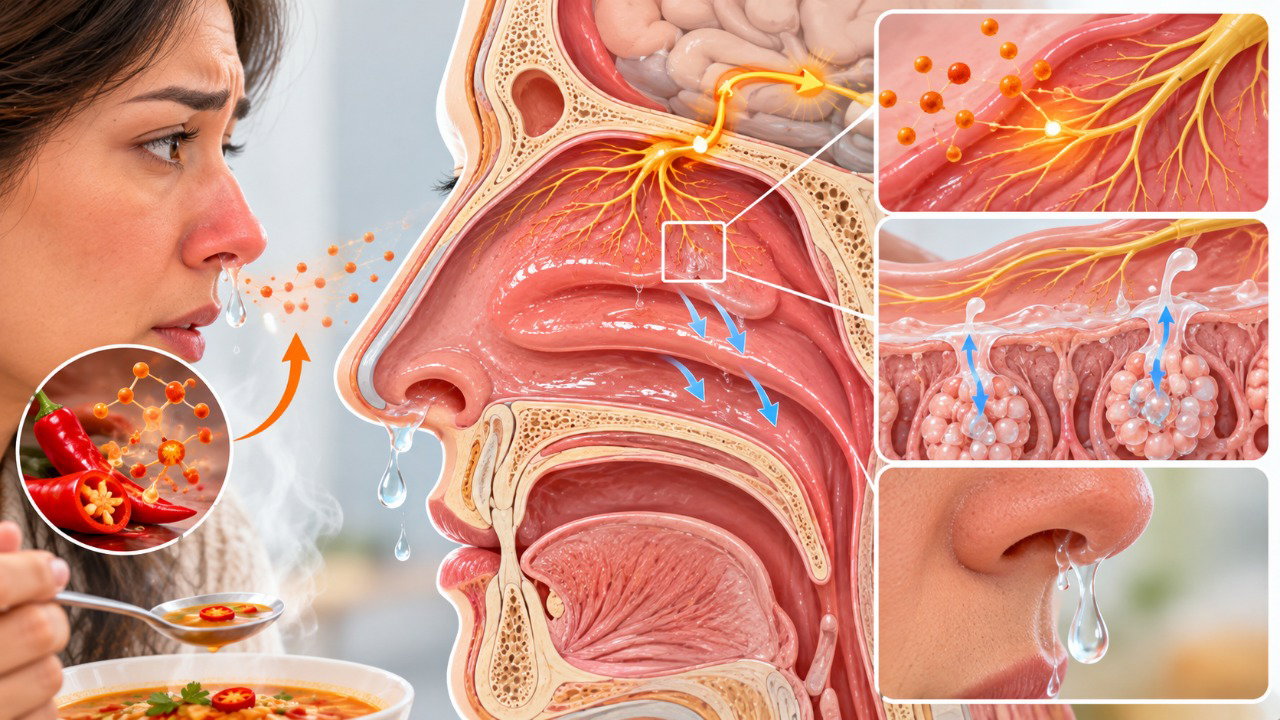 Na rinite gustativa, estímulos de alimentos quentes ou apimentados ativam reflexos nervosos que aumentam a produção de secreção nasal.