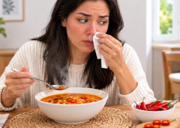 O nariz escorrendo durante o consumo de alimentos quentes ou apimentados pode ser um sinal de rinite gustativa.