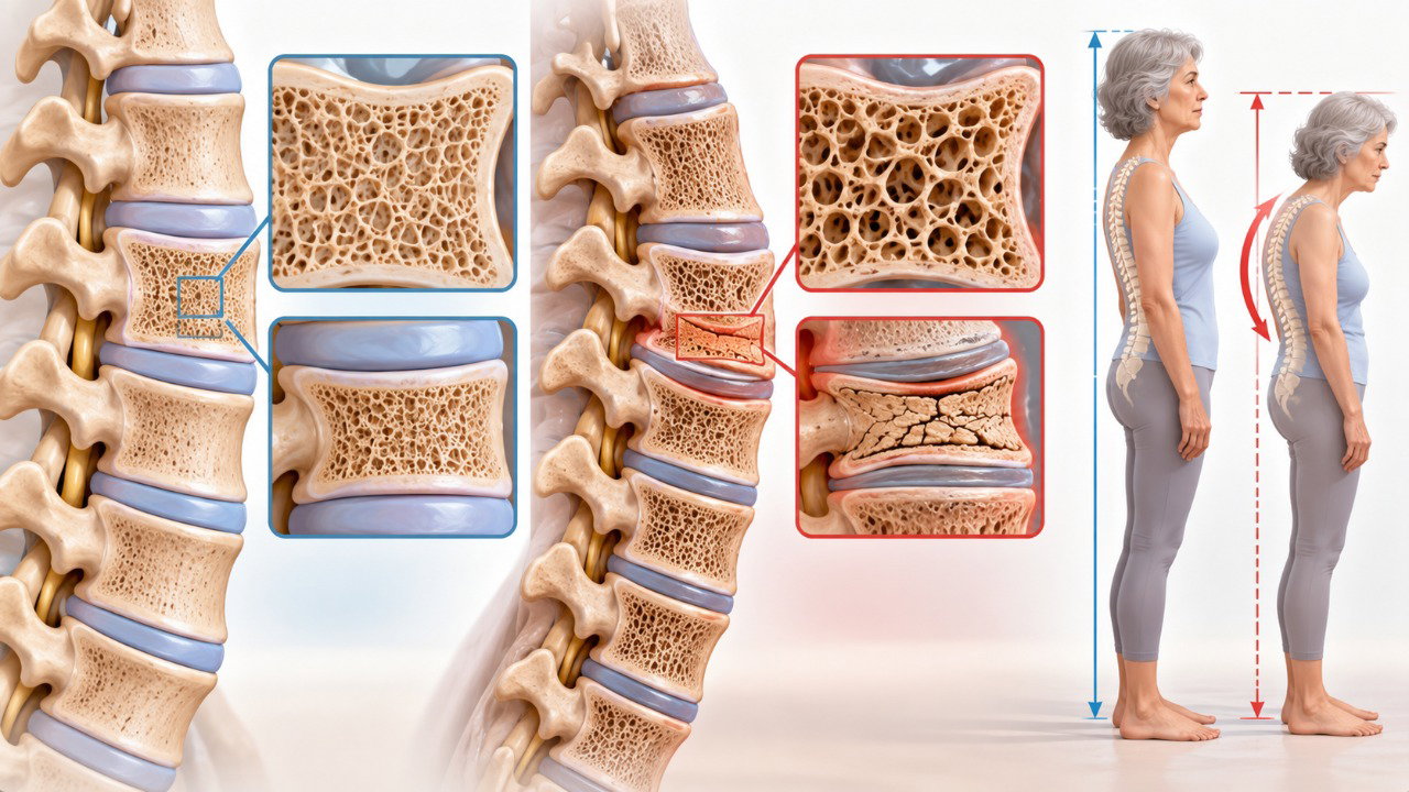A osteoporose pode enfraquecer as vértebras e favorecer fraturas por compressão, contribuindo para a perda de altura e mudanças na postura.