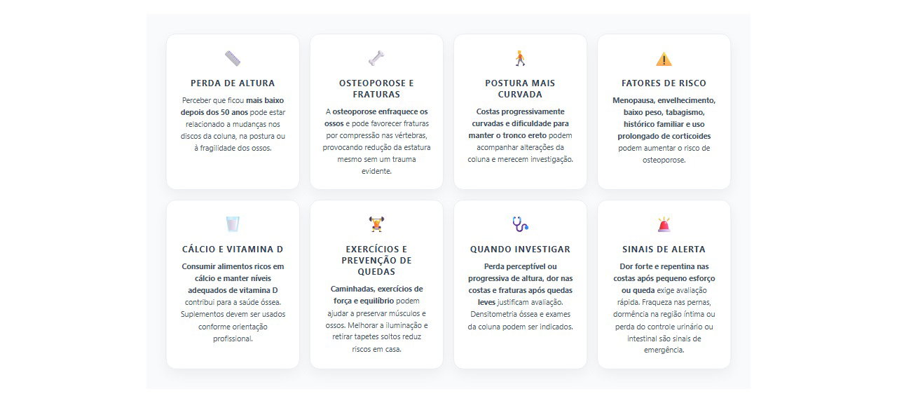 Perda de altura depois dos 50 anos: 8 sinais, fatores de risco e cuidados para proteger os ossos