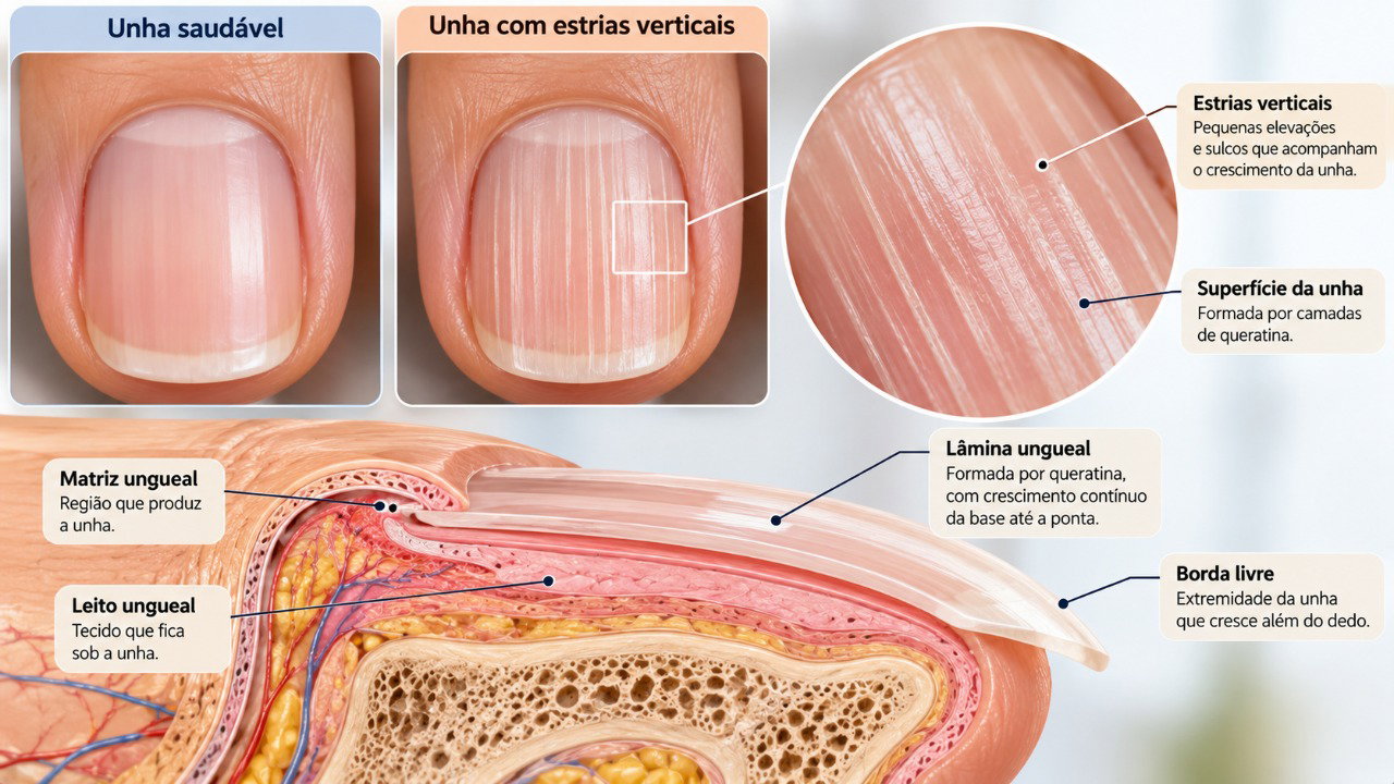 As estrias longitudinais acompanham o crescimento das unhas e podem surgir devido a mudanças naturais na produção de queratina com a idade.