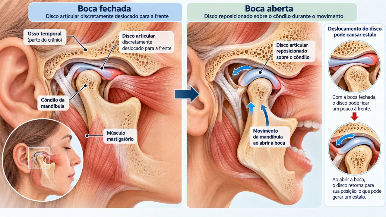 O deslocamento e o reposicionamento do disco da articulação temporomandibular podem produzir estalos durante a abertura e o fechamento da boca.