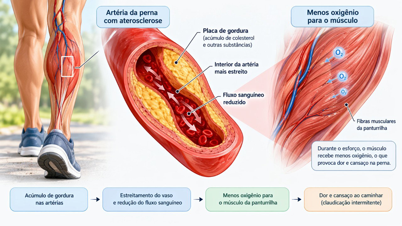 O estreitamento das artérias pode reduzir o fornecimento de sangue aos músculos da panturrilha durante a caminhada, provocando dor.