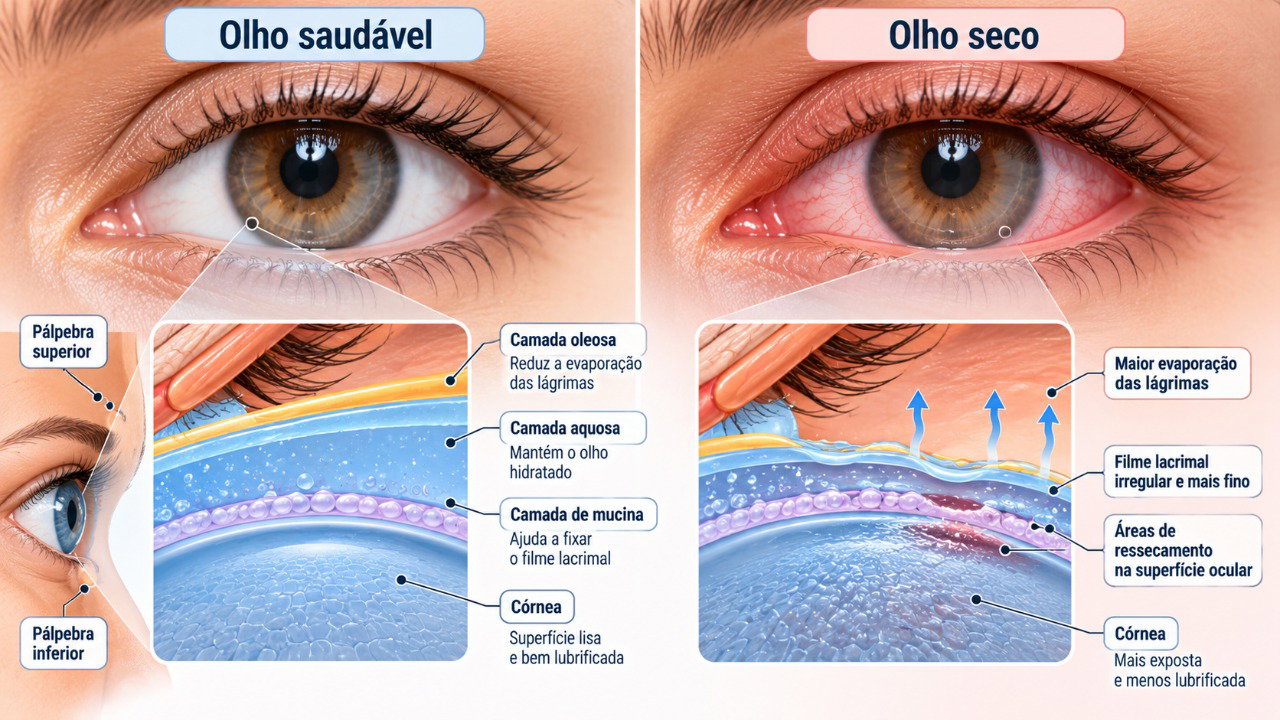 A evaporação excessiva das lágrimas pode deixar a superfície dos olhos menos protegida, causando ardência e irritação.
