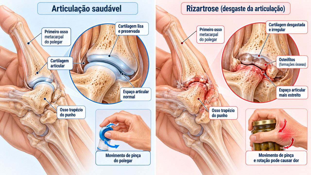 Na rizartrose, o desgaste da cartilagem na base do polegar pode provocar dor, rigidez e dificuldade para apertar ou girar objetos.